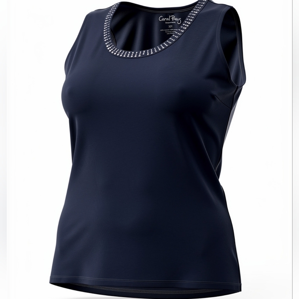 Coral Bay Navy Womens Plus Size Tank Top with Embellished Neckline Size  2X